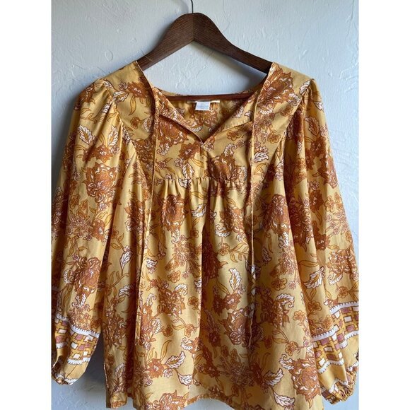 C&C California Mustard Yellow Floral 100% Cotton Peasant Top Tie Neck Size Large - Picture 8 of 12
